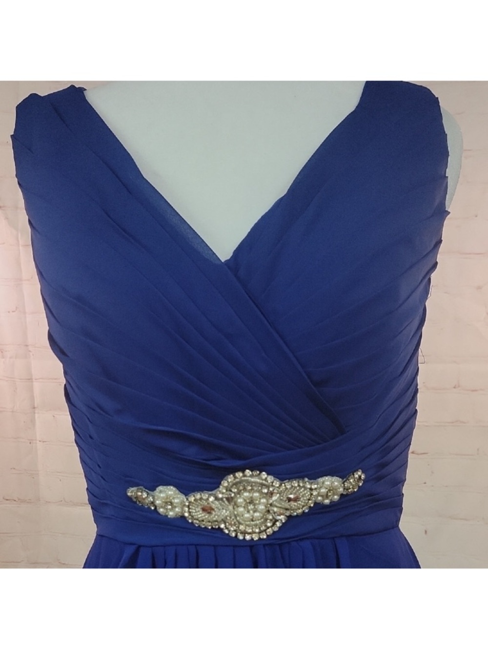 V-Neck Cobalt Blue Midi Dress with Beaded Waist Size 6 - Picture 3 of 5